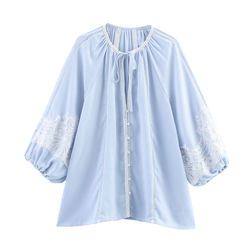Stitching Lace Lantern Sleeve Round Neck Shirt