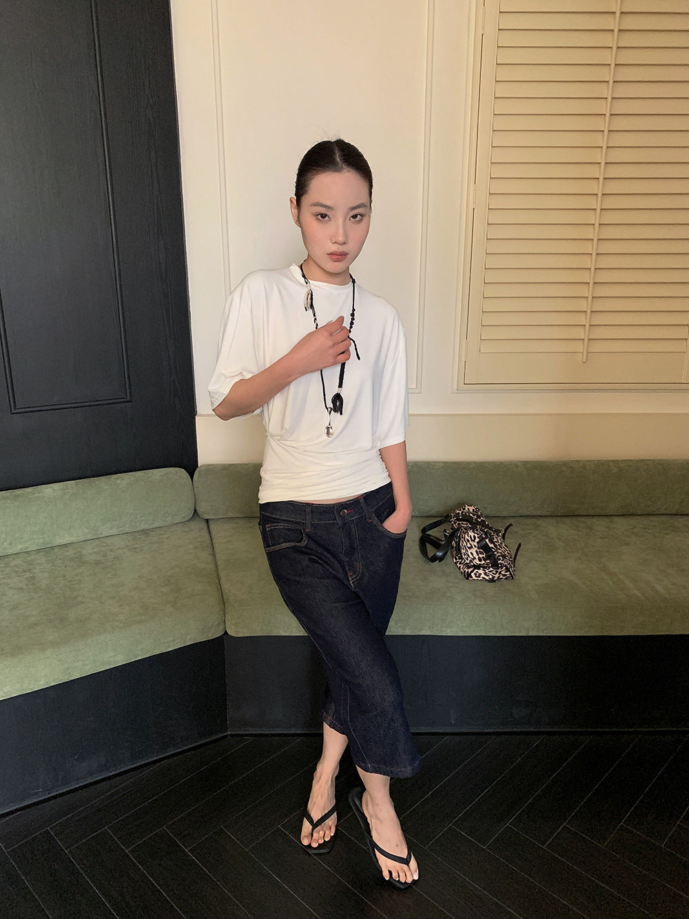 Women's Spring Red Stitching Straight-leg Denim Middle Pants