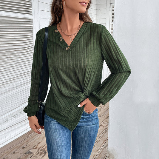 Fall V-neck Women's Top Texture Sunken Stripe Long-sleeved Sweater
