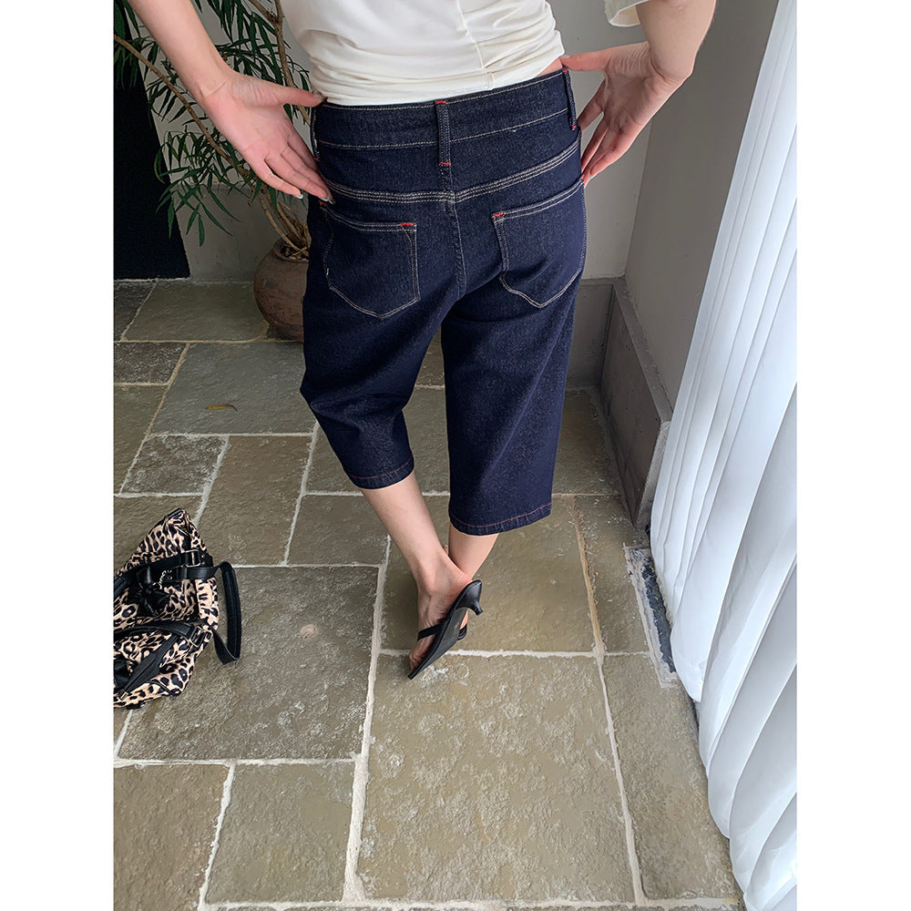 Women's Spring Red Stitching Straight-leg Denim Middle Pants