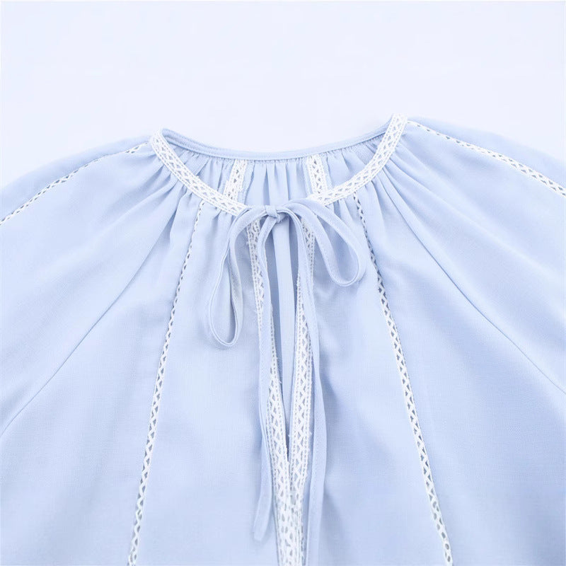Stitching Lace Lantern Sleeve Round Neck Shirt