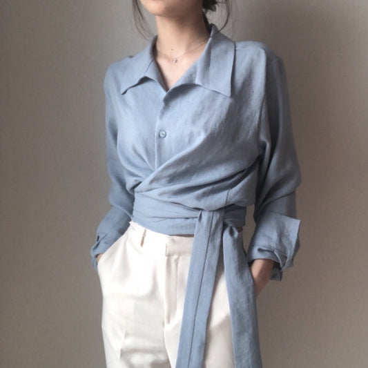 Retro Design Cross Strap Solid Color Lapel Long Sleeve Shirt