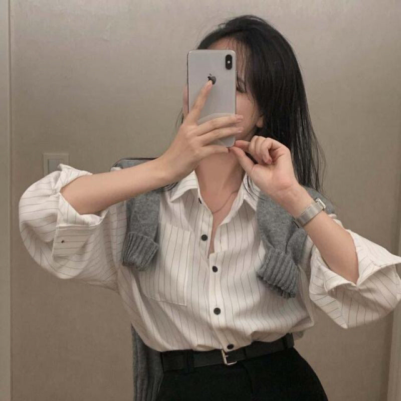 Retro Simple Striped Lapel Long Sleeve Shirt