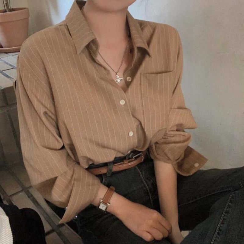 Retro Simple Striped Lapel Long Sleeve Shirt
