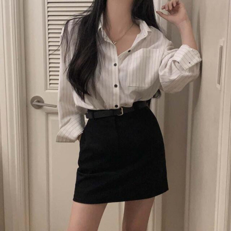 Retro Simple Striped Lapel Long Sleeve Shirt