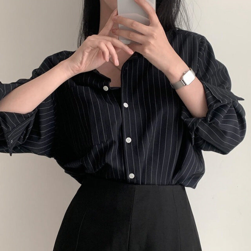 Retro Simple Striped Lapel Long Sleeve Shirt