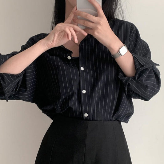 Retro Simple Striped Lapel Long Sleeve Shirt