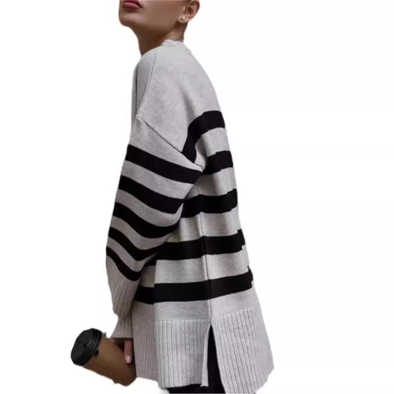 Women's Pullover Loose Round Neck Contrast Color Knitted Striped Sweater