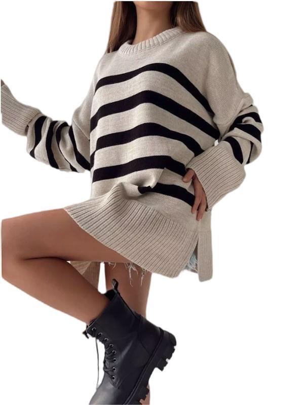 Women's Pullover Loose Round Neck Contrast Color Knitted Striped Sweater