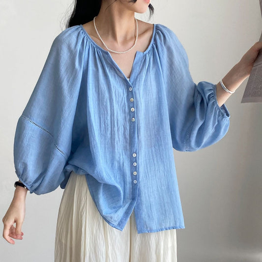 Lightweight And Comfortable Pleated Shirt V-neck Lantern Sleeve Loose