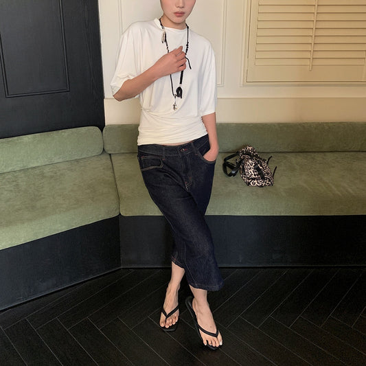 Women's Spring Red Stitching Straight-leg Denim Middle Pants