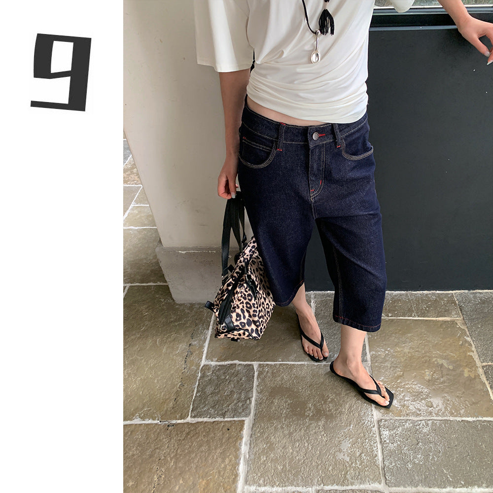 Women's Spring Red Stitching Straight-leg Denim Middle Pants