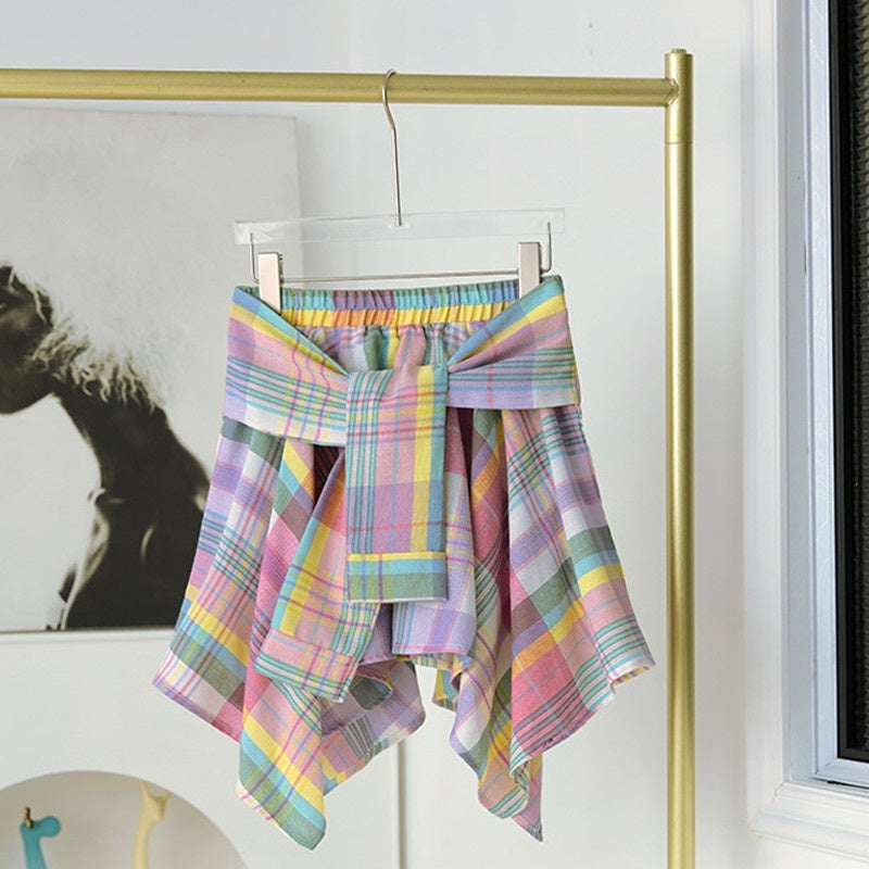 Plaid Irregular Lace Up Culottes Elastic