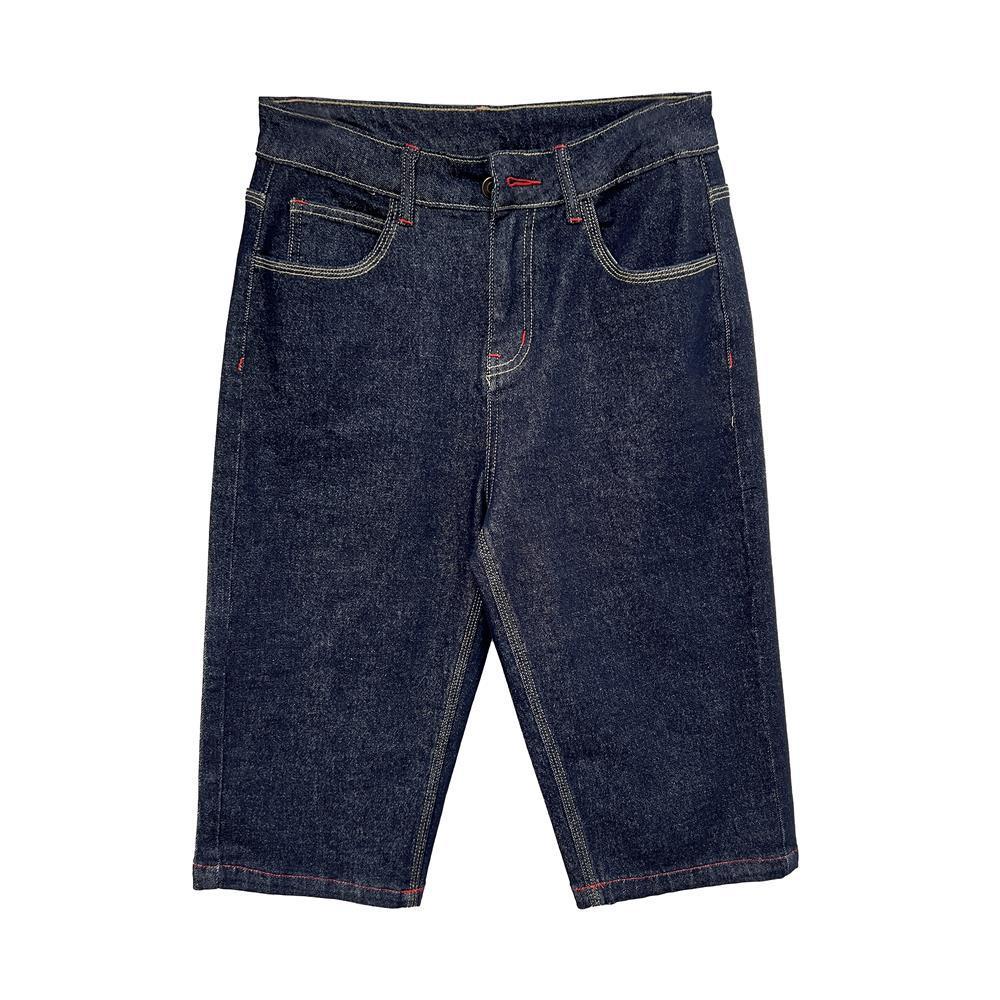 Women's Spring Red Stitching Straight-leg Denim Middle Pants